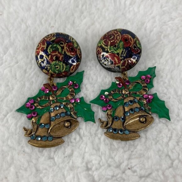 Vintage Christmas Bells Pierced Earrings 2.5"  Button Studs Dangle Rhinestones - Picture 2 of 10